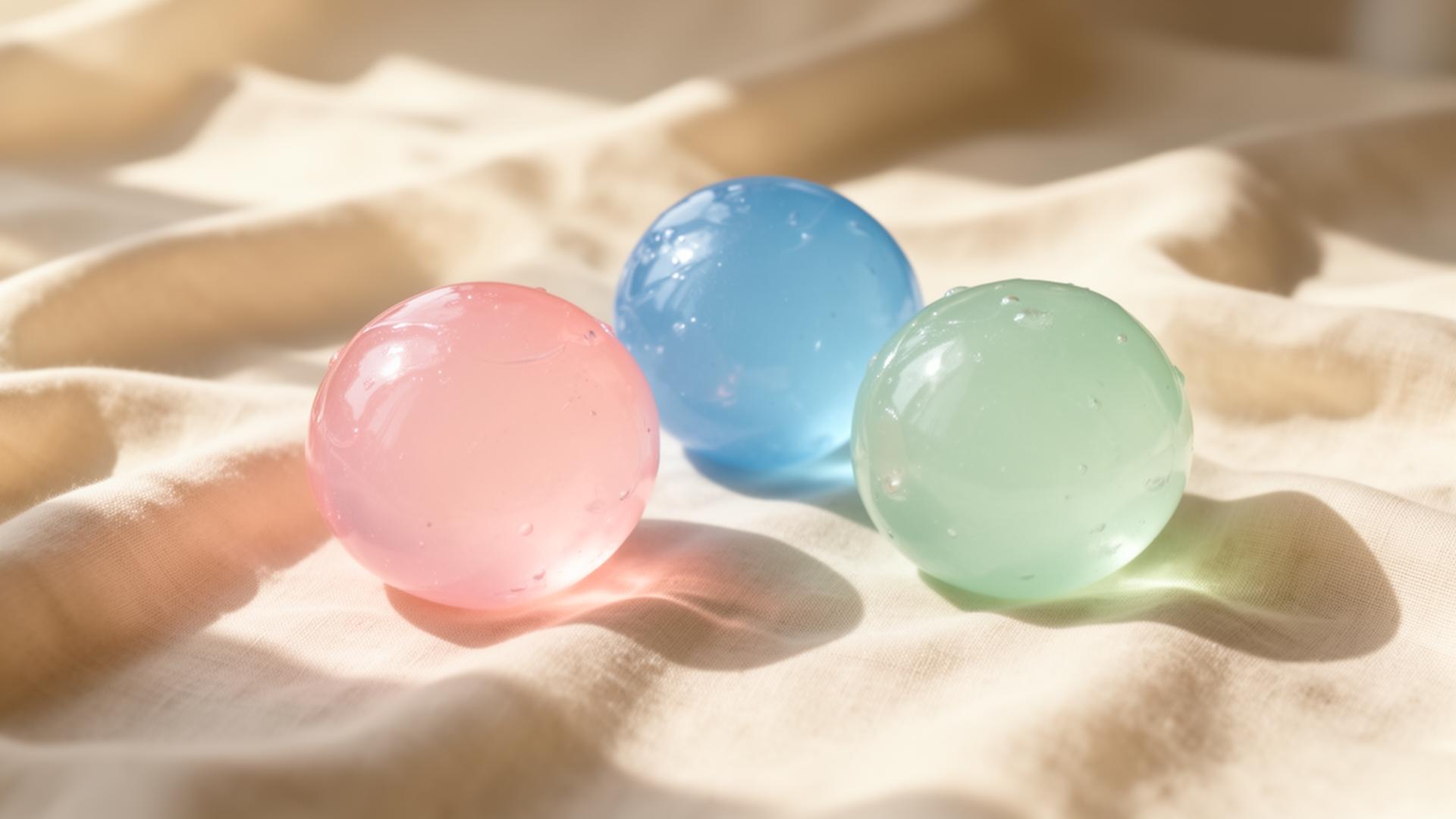 Pastel sensory squish object resting on silk fabric